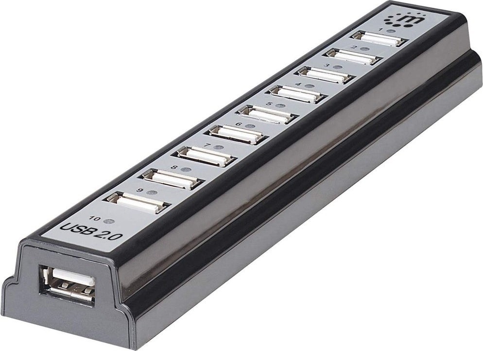 Manhattan USB-A 10-poorts desktop hub, 10× USB-A, 480 Mbps (USB 2.0), USB-gevoed (geen externe voeding vereist) - 161572