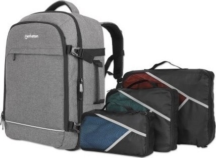 Manhattan Rome notebook reisrugzak 17,3", 2 vakken voor laptops tot 17,3" en tablets tot 11", vliegtuigvriendelijke handbagage, 40 L, meerdere accessoirevakken, 3 zachte clamshell-etuis, 2 handgrepen, opbergbare schouderbanden, lichtgrijs - 440370