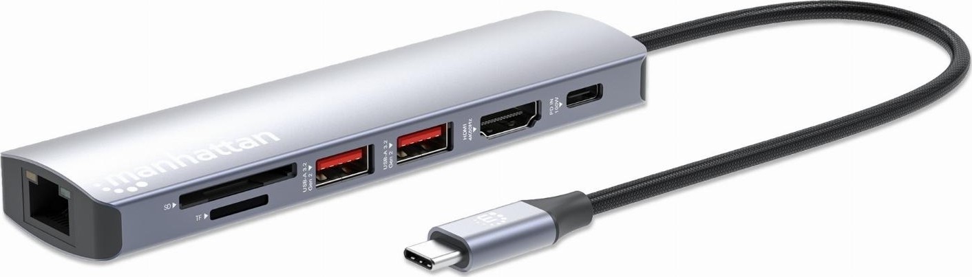 Manhattan USB-C dock/hub met kaartlezer, poorten (5): Ethernet, HDMI, USB-A (2×) en USB-C, met Power Delivery (PD) 100 W - vereist een externe USB-C-lader (niet inbegrepen). USB-gevoed (geen externe voeding vereist) wanneer PD niet wordt gebruikt - 153966