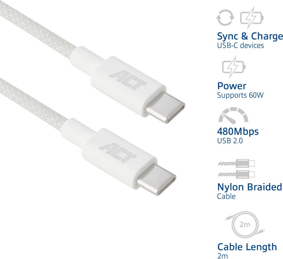 ACT USB 2.0 480Mbps 60W laad- en datakabel, wit, 2 meter - AC3081