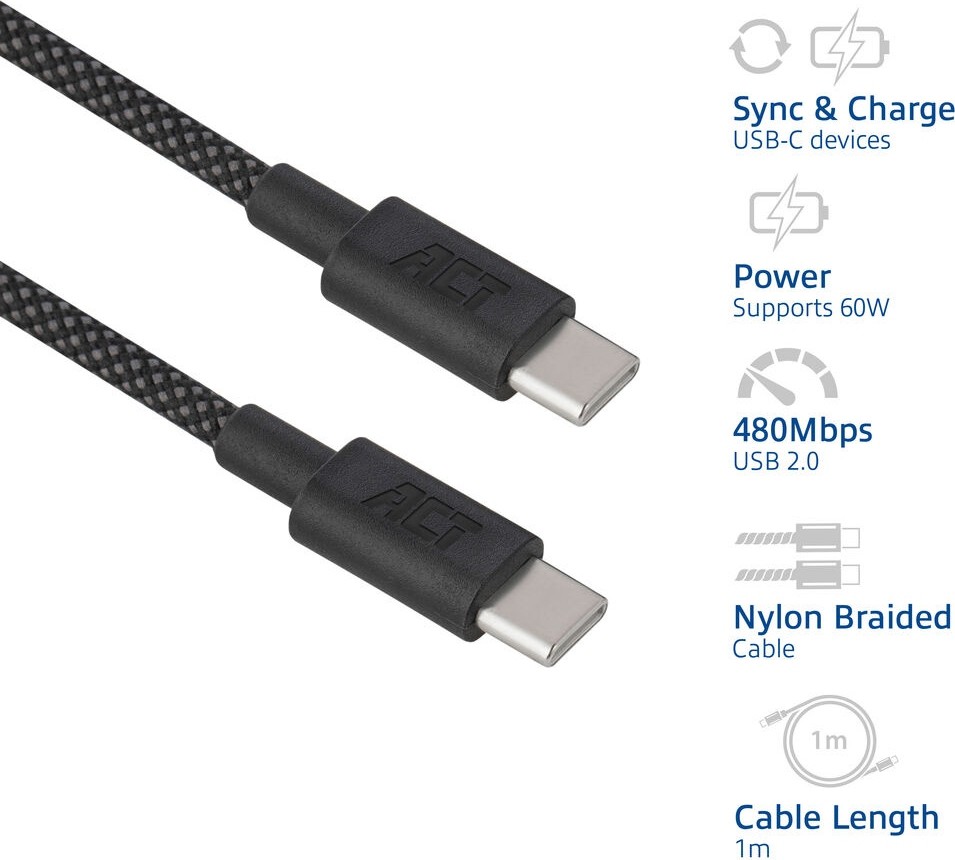 ACT USB 2.0 480Mbps 60W laad- en datakabel, zwart, 1 meter - AC3082