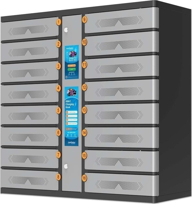Manhattan Kiosk laadkast USB-C 65W voor laptops (tot 17,3"), 16-vaks (individueel vak - pincode), geschikt voor iPads, MacBooks en andere USB-C apparaten, vakken 448x328x120 mm, USB-C kabels inbegrepen, kast, UK & EU - 181327