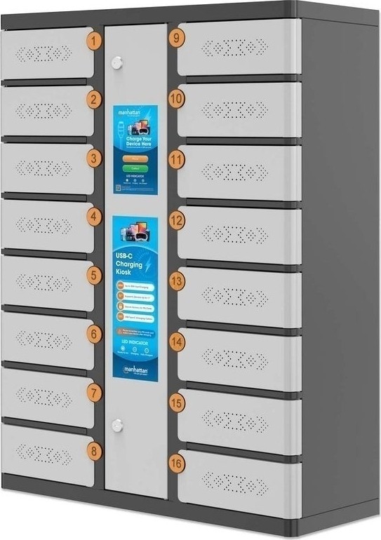 Manhattan Kiosk laadkast USB-C 30W voor iPads 11", 16-vaks (individueel vak - pincode), geschikt voor tablets, smartphones en andere USB-C apparaten, vakken 328x220x100 mm, USB-C kabels inbegrepen, kast, UK & EU - 181334