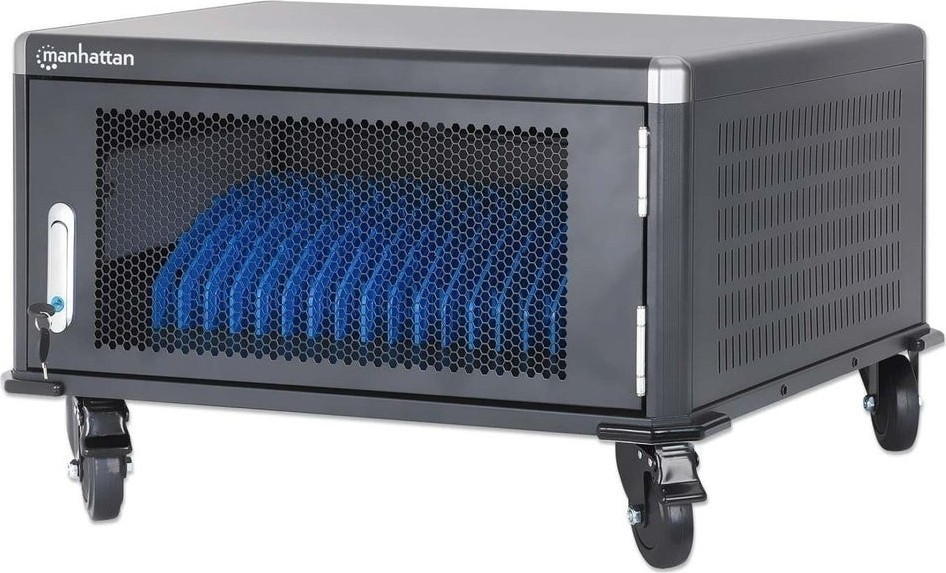 Manhattan Laadkast/Laadtrolley voor 20 laptops (tot 16"), laden via interne AC-adapters (EU) (installatie van voedingskabels van apparaten vereist), geschikt voor ALLE laptops, iPad, MacBook en Chromebook, vakken 380×30×280 mm, afsluitbaar - 181129