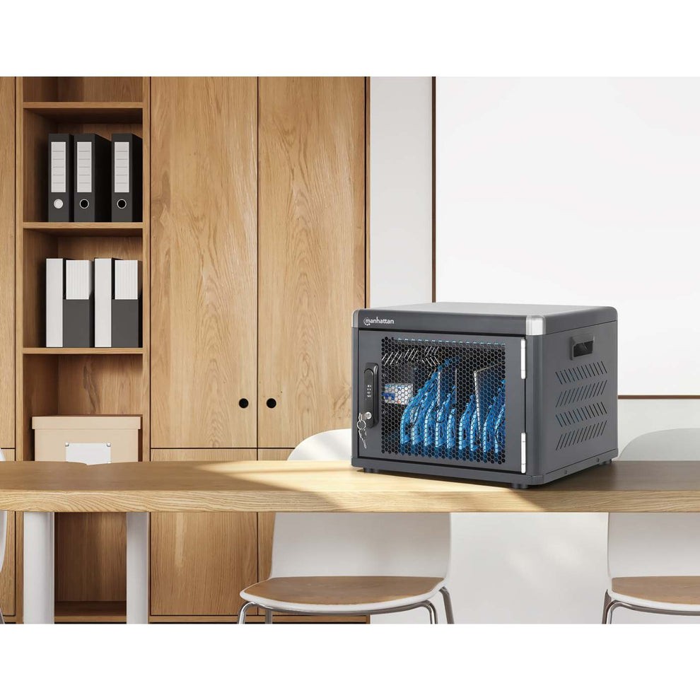 Manhattan USB-C-laadkast voor op bureau, 10 apparaten, 30 W per poort, iPad tot 13", MacBook Air tot 13" en Chromebook tot 14"; ook tablets/smartphones, vakken 330 × 25 × 235 mm, USB-C-laadkabels inbegrepen, afsluitbaar - 181488
