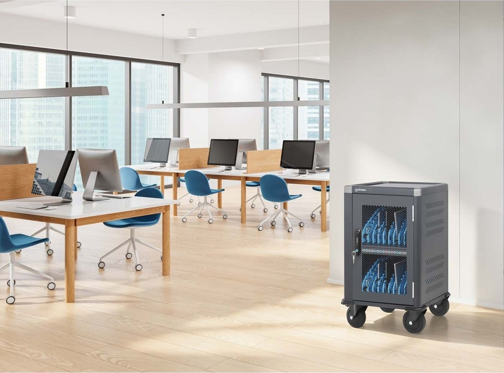 Manhattan USB-C-laadtrolley voor 20 apparaten, 30 W per poort, iPad tot 13", MacBook Air tot 13" en Chromebook tot 14"; ook tablets/smartphones, vakken 330 × 25 × 235 mm, USB-C-laadkabels inbegrepen, afsluitbaar - 181495
